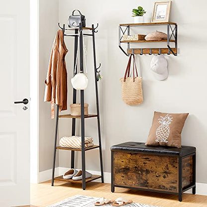 VASAGLE ALINRU Coat Rack with 3 Shelves, Stand with Hooks for Scarves, Bags and Umbrellas, Steel Frame, Industrial Style, Rustic Brown and Black ULCR80X - WoodArtSupply