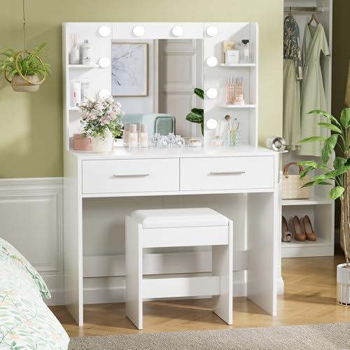 YESHOMY Vanity Desk with Mirror, Makeup Table with 2 Large Drawers, Power Outlet and Round Holder, 3 Color Modes Adjustable Bulb, Bench Included, White YESHOMY