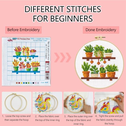 Zhenqing Wooden Plant Shelf Cross Stitch Kit for Beginners, 11CT Printed 24x24cm with Hoop, 6 Potted Succulent Embroidery Set (70978)