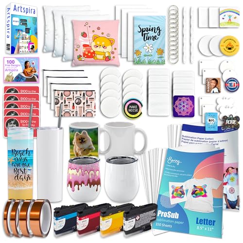 Brother SP-1 Sublimation Printer Deluxe Starter Bundle with Full Ink Set, 160 Sublimation Transfer Sheets, 56 Blanks, Tape and More