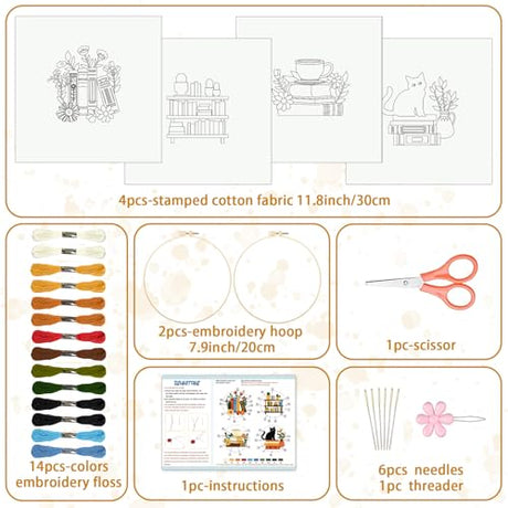BEUNITONE Flower Embroidery Kit for Beginners 4 Pack Embroidery Starter Kit for Adult Cat Plant Books Pattern Stamped Cross Stitch Set with Instructions Embroidery Hoops Easy for DIY Craft 7.9'' BEUNITONE