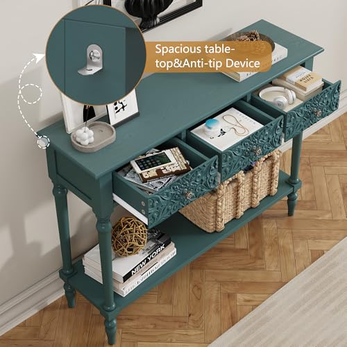 3More Entryway Console Table with 3 Drawers,42" Carved Hallway Table with Open Shelf,Long Sofa Table for Living Room, Hallway, Behind Couch,Green 3More