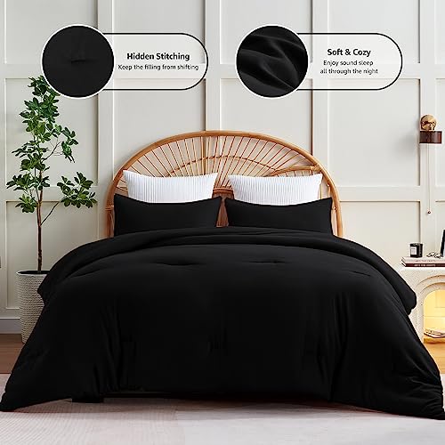 CozyLux Black Comforter Set Twin/Twin XL Size, 2 Pieces Twin Extra Long Solid Breathable Quilted Bedding Sets, Luxury Fluffy Soft Bed Set with Down Alternative Comforter and 1 Pillowcase All Season CozyLux