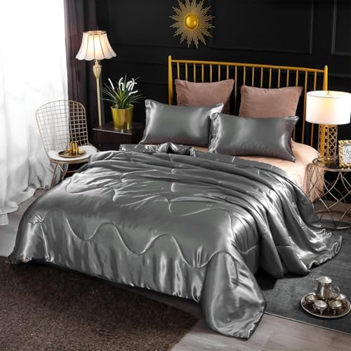 Holawakaka Luxurious Solid Satin Silk Like Comforter Set Ultra Soft Silky Quilt Breathable Bedding Bed-in-A-Bag King Size (Grey) Holawakaka