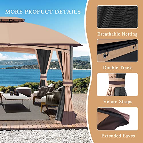 10’x 12’ Outdoor Gazebo, Double Roof Patio Gazebo with Netting and Curtains, Metal Frame Outdoor Patio Canopy for Deck Backyard Garden