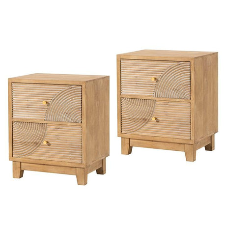 COZAYH 2-Drawer Farmhouse Nightstand, Mid Century Nightstand Set of 2 Fully Assembled with Handcrafted Wood Ring Pattern for Boho, Mid-Century, Rustic Style, Natural Wood COZAYH