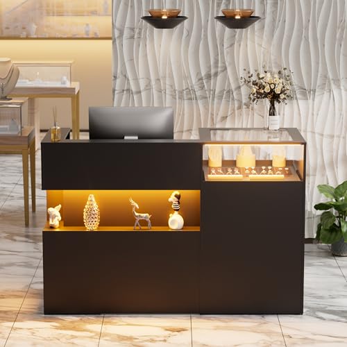 PAKASEPT 59" Large Reception Desk with Counter, Modern Front Desk Reception Room Table with LED Light & Glass Display Shelf, Retail Counter for Checkout, Lobby, Beauty Salon, Home Office Desk (Black)
