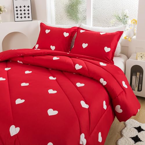 Caressma Love Comforter Set King Size - Cute White Heart Print Red Bedding Comforter 3 Pieces Matching Pillowshams Caressma