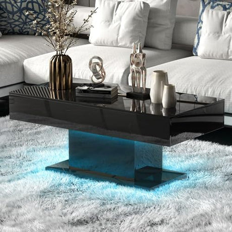 HedoAjim Led Coffee Table for Living Room, Living Room Table Rectangular Center Table, Modern High Glossy Wooden Coffee Tables with 16 Colors LED Lights for Dining Reception Room, Black HedoAjim