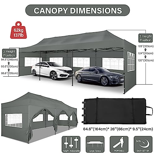 Tooluck 10x30 Pop up Heavy Duty Canopy with 8 sidewalls, Waterproof Commercial Pop up Party Tent Canopy,Outdoor Tents for Wedding Parties, 3 heigh Adjustable Gazebo with Wheeled Bag,Grey - WoodArtSupply