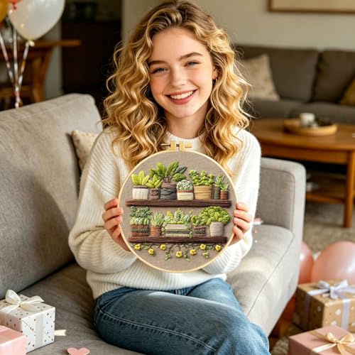 FONNUY Green Plant Embroidery Kit, Petite Potted Plants Patterns, Cross Stitch Kits for Adults and Beginners, Handmade Crafts with Printed Pattern Set, Thread Needlework, 8'' Hoop (Green A01)