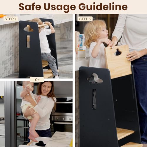 COSYLAND Toddler Standing Tower Adjustable Height - Super Stable Toddler Kitchen Stool Helper - 3 Levels Adjustable Wooden Toddler Kitchen Stool (Natural & Dark Gray) COSYLAND
