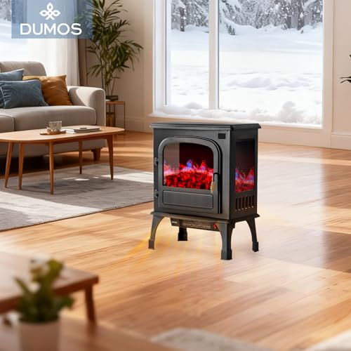 DUMOS 26” Freestanding Electric Fireplace Heater, Electric Fireplace Stove with 3D Flame Effect & Remote Control, Stylish Stove for Home with Safety Features, Adjustable Heat & 12H Timer, Inky DUMOS