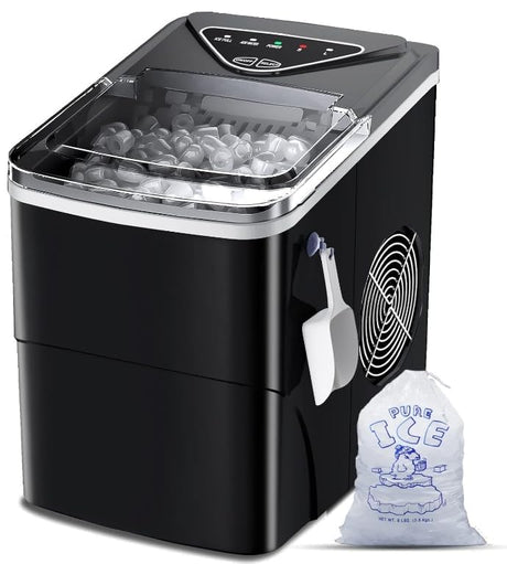 Ice Makers Countertop, Self-Cleaning Function, Portable Electric Ice Cube Maker Machine, 9 Pellet Ice Ready in 6 Mins, 26lbs 24Hrs with Ice Bags and Scoop Basket for Home Bar Camping RV(Black) FZF