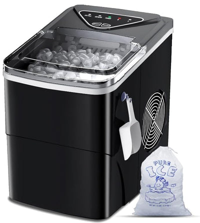 Ice Makers Countertop, Self-Cleaning Function, Portable Electric Ice Cube Maker Machine, 9 Pellet Ice Ready in 6 Mins, 26lbs 24Hrs with Ice Bags and Scoop Basket for Home Bar Camping RV(Black)