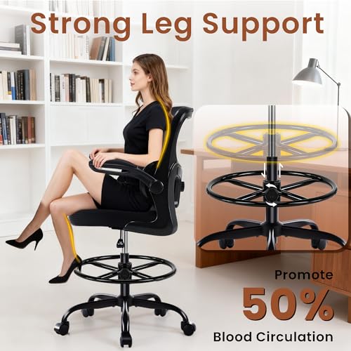 AreShark Drafting Office Chair - Ergonomic Tall Office Chair with Adjustable Footrest Ring - Counter Height Adjustable Rolling Standing Desk Chair with Lumbar Support and Flip-up Armrests for Home AreShark