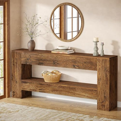 TRIBEWOOD Solid Wood Console Table, 63-Inch Farmhouse Entryway Table with 2-Tier Storage Shelf, Rustic Wooden Narrow Long Sofa Table Behind Couch for Entryway, Hallway, Foyer, Living Room, Brown