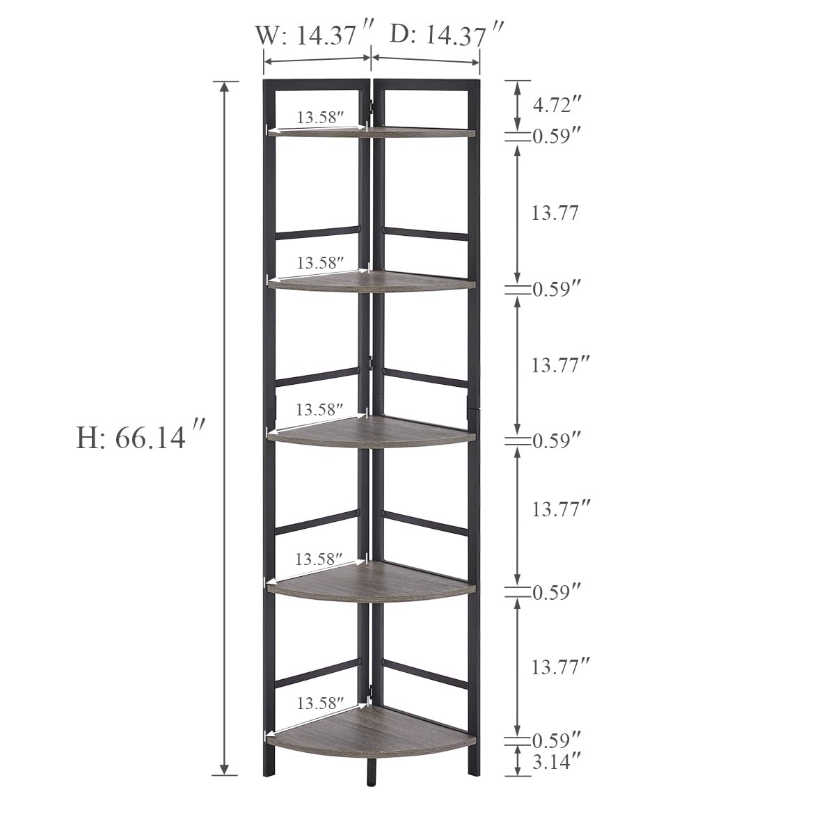 BON AUGURE Industrial Chic 5-Tier Dark Grey Oak Corner Bookshelf BON AUGURE
