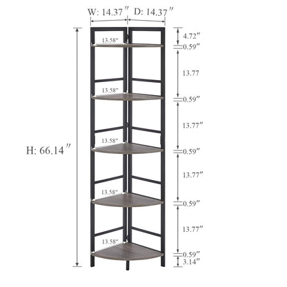 BON AUGURE Industrial Chic 5-Tier Dark Grey Oak Corner Bookshelf - WoodArtSupply