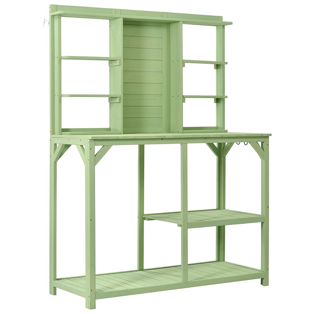 PZFYYRFP 64.6"" Large Outdoor Potting Bench Table, Wooden Garden Workstation with 6-Tier Storage Shelves, Large Metal Tabletop, and Side Hook for Mudroom, Backyard, Patio, Green (Green), White