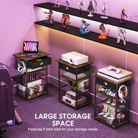 Hongtamoya 4-Tier AV Media Stand with Drawer, Video Game Console Shelf with 2 Hooks, Audio Rack Tower Perfect for/Xbox/ PS5/Switch/Game Consoles/DVD/Record Player/Projector/Sky Box/TV Accessories Hongtamoya