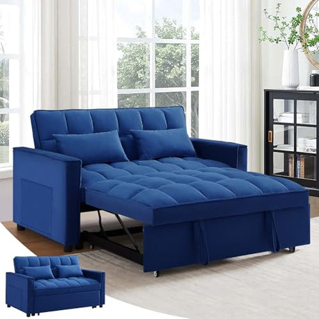 Antetek 3 in 1 Convertible Sleeper Sofa Bed, Modern Velvet Loveseat Futon Couch w/Pullout Bed, Small Love Seat Lounge Sofa w/Reclining Backrest, Toss Pillows, Pockets, Furniture for Living Room, Blue Antetek