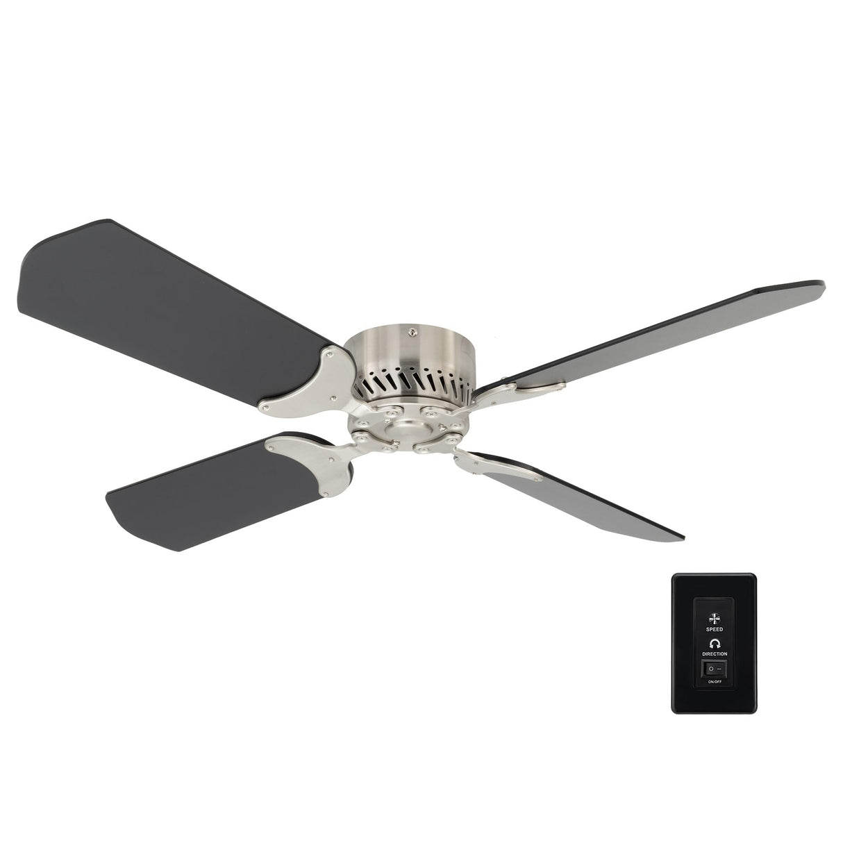 RecPro RV 12V Ceiling Fan | 4-Blade | 4-Speed | Near Silent Operation | Reversing Direction Wall Control (Brushed Nickel: Black Blades, 36") RecPro