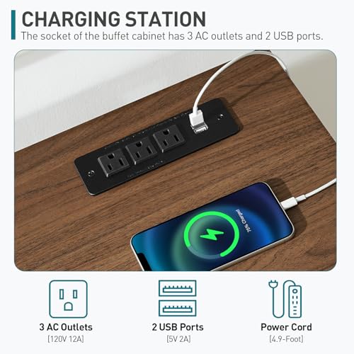 RALGEND Farmhouse Buffet Cabinet with LED Lights, 47" Coffee Bar Cabinet with Power Outlet, Kitchen Buffet Cabinet with 2 Drawers, Sideboard Cabinet, Sliding Barn Doors, White and Walnut 12CBUDWH RALGEND