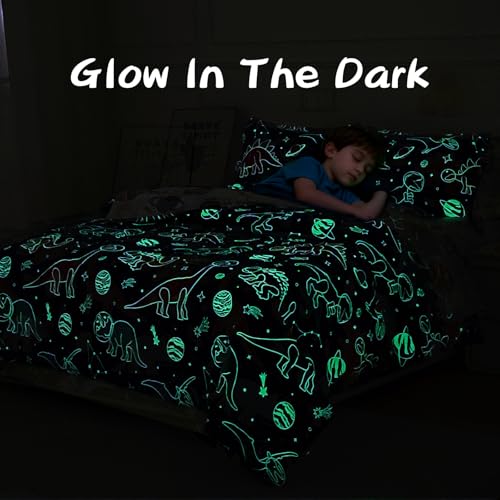 A Nice Night 5pc Glow in The Dark Kids Comforter Set,Dinosaur Galaxy Printed, Space Bedding Set Twin Size for Boys Girls Teen A Nice Night