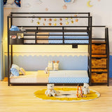 Low Bunk Bed Twin Over Twin with Storage Staircase, RGB LED Lights, Drawers & Shelves, Metal Bunk Beds for Kids with Power Outlet, Double Full-Length Guardrails & Metal Slats for Small Space, Black Zerduos