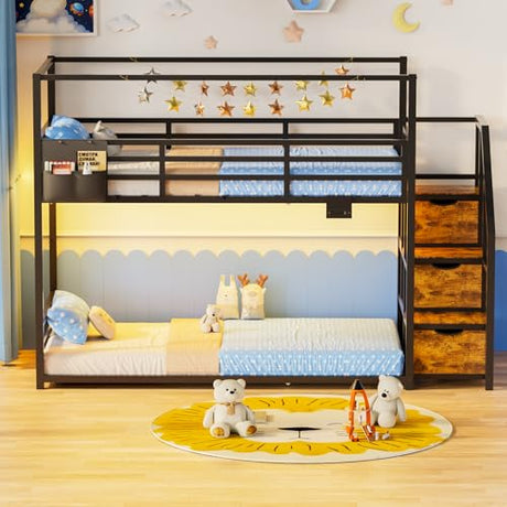 Low Bunk Bed Twin Over Twin with Storage Staircase, RGB LED Lights, Drawers & Shelves, Metal Bunk Beds for Kids with Power Outlet, Double Full-Length Guardrails & Metal Slats for Small Space, Black Zerduos