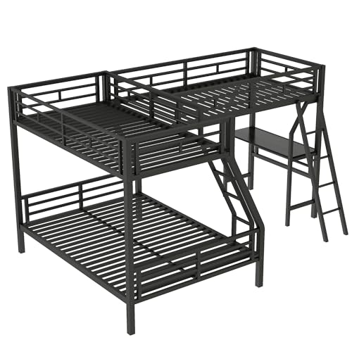Merax Twin Over Full L-Shaped Bunk Bed with Loft & Desk, Triple Sleeper Metal Bunk Bed with Guardrails for Bedroom, Black Merax