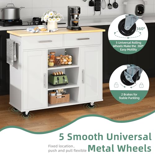 Shintenchi Kitchen Storage Island Cart with 3 Open Shelves, 2 Drawers and 2 Cabinets, Kitchen Cart on Wheels with Handle/Towel Rack, White