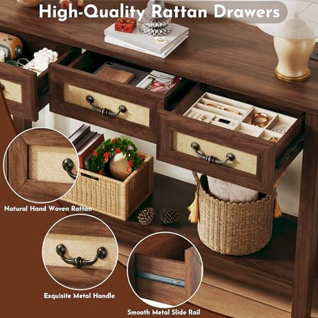 HUAHUU 47.2" Console Table with 3 Rattan Drawers, Long Sofa Table with Storage Behind Couch, Farmhouse Entryway Table with Power Outlet & Open Storage for Entrance/Hallway/Foyer/Living Room, Walnut HUAHUU