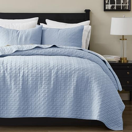 palassio Baby Blue 100% Cotton Quilt King Size Bedding Sets with 2 Pillow Shams, Textured Lightweight Soft Bedspread Shabby Chic Coverlet, Neutral Quilted Comforter Bed Cover for All Season, 3 Pieces palassio