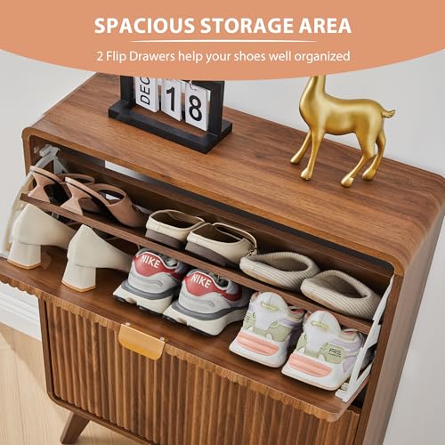 RARZOE Fluted Shoe Storage Cabinet with 2 Flip Drawers, Narrow Curved Shoe Cabinet for Entryway, Freestanding Wood Hidden Shoe Organizer Closed Shoe Rack Cabinet for Foyer, Hallway (27.5''Walnut) RARZOE