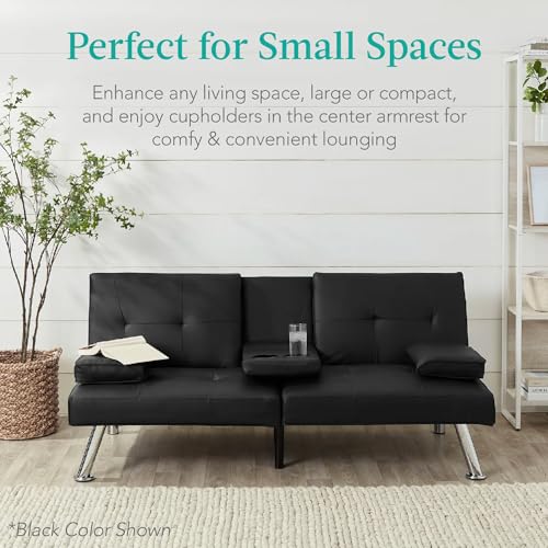Best Choice Products Faux Leather Upholstered Modern Convertible Futon, Adjustable Folding Sofa Bed, Guest Bed w/Removable Armrests - Taupe Best Choice Products