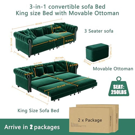 LuxyHoom 89" King Pull Out Sofa Bed, Velvet Chesterfield Sleeper Sofa Couch, 3 in 1 Convertible Tufted Futon Couches with Ottoman for Living Room, Small Space, Apartment, Office, Bedroom, Green LuxyHoom