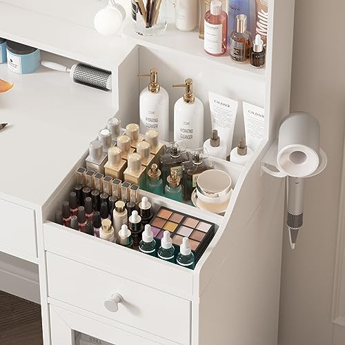Vabches Vanity with Mirror and Lights, Makeup Vanity Table with Charging Station, Cute Vanity Set with Comfortable Bench, Big Vanity with 3 Storage Compartments, 39.8inch, White Vabches