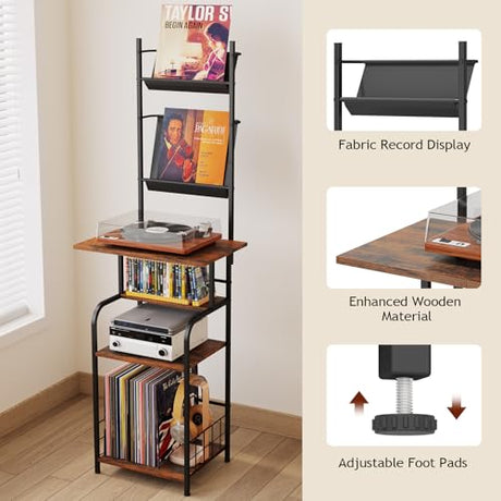 Homsorout Record Player Stand with Vinyl Storage - 6-Tier Turntable Table with Adjustable Feet, Metal & Wood Cabinet - Console Organizer Display Shelf for Living Room, Apartment Homsorout