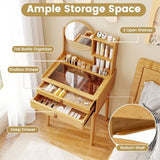 CHARMAID Small Vanity Desk with Mirror, Glass Top Bamboo Makeup Vanity Table with Storage Drawers & Shelves, Tabletop Groove, Rotatable Mirror, Compact Dressing Table for Bedroom Small Spaces, 23.5"W CHARMAID