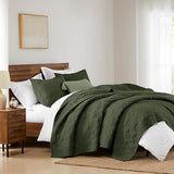 WDCOZY 100% Cotton Queen Size Quilt Set - Olive Green Pre-Washed Soft Lightweight Modern Bedspread, Farmhouse Country Rustic Coverlet, Textured Like Linen, Shabby Chic Gauze Bedding, 3 Pieces WDCOZY