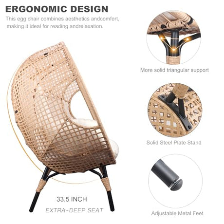 TQKVIPI 2 pcs Oversized Wicker Egg Chair Outdoor Indoor - Rattan Patio Egg Lounge Chairs with Cushion 500lbs Capacity for Living Room, Balcony, Backyard TQKVIPI