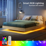 Tatub Natural Queen Floating Bed Frame with LED Lights, Modern Fluted Oak Platform Bed Frame Floating, Heavy Duty Metal Slats, No Box Spring Required Tatub