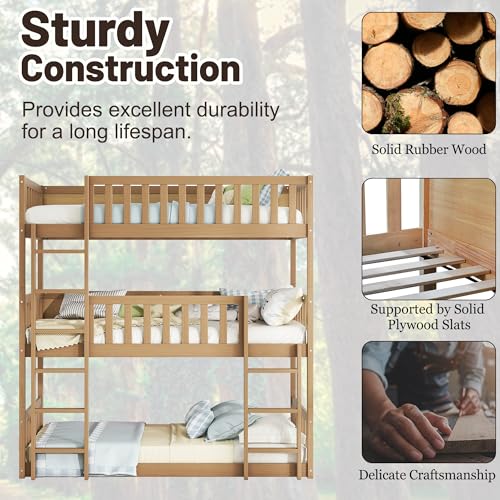 Triple Bunk Bed for Kids ,Wood 3-in-1 Twin Bunk Beds, Convertible to 3 Separate Beds, Solid Rubber Wood Construction, Safety Guardrails & Dual Ladders ,Space-Efficient Vertical Design,White Oak MoproBeti
