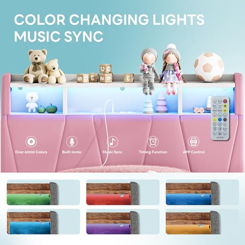 LIKIMIO Twin Bed Frame with 2 Storage Drawers, Charging Station & LED Lights, Upholstered Platform Twin Bed with Storage Headboard, Strong Wooden Slats, No Box Spring Needed, Easy Assembly, Pink LIKIMIO