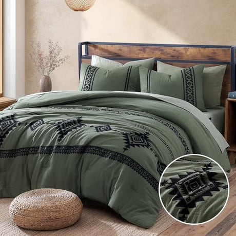 MaiRêve Embroidery Comforter Set, Boho Farmhouse Western Bedding Set, All Season Bed in A Bag Comforter Set with Sheets, Pillowcases & Shams, Olive Green Queen 7 Pieces MaiRêve