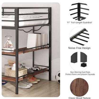 LOPOO Twin Loft Bunk Bed with Cinnamon Wood Shelf and Black Metal Frame - Stylish Space-Saving Solution for Kids - WoodArtSupply