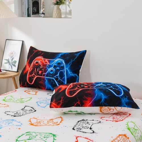 Meeting Story Full Size Bed in A Bag 5 Pieces Gaming Bedding Set for Boys RedBlue Gamer Comforter with Sheet Set for Kids Teen Cool Video Game Black Quilt Bedding Set(RedBlue) Meeting Story