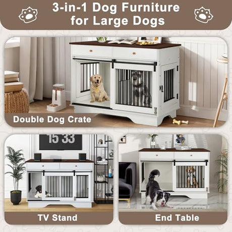 Dog Crate Furniture for 2 Dogs, Dog Kennel with 2 Storage Drawers & Divider, Large Double Dog Cage As TV Stand, Furniture Style Dog Crates with Sliding Barn Door (Brown & White) OUTDOOR DIAMOND